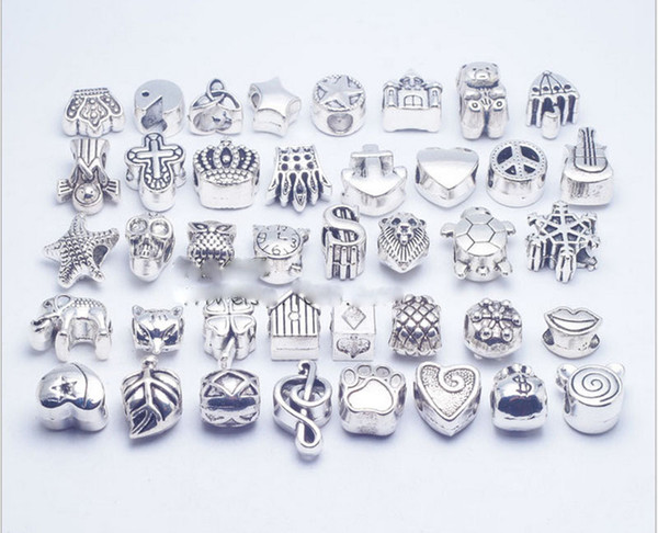 40pcs/lot Mix Style silver plated Big Hole Loose Beads metal charms For Pandora DIY Jewelry Bracelet For European charms Bracelet&Necklace