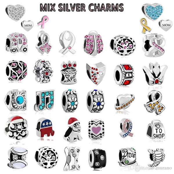 2018 Mix Charms Free Shipping 200pcs Mix Style Antique Silver Plated charms Alloy Big Hole Beads fit pandora Bracelet DIY Jewelry