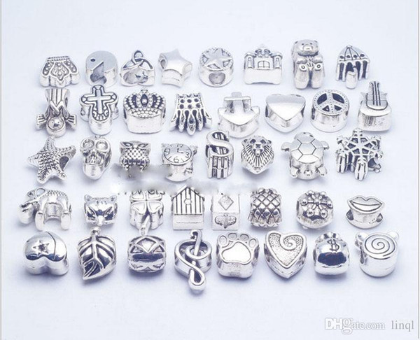 Mix 40 Style silver plated Big Hole Loose Beads metal charms For Pandora DIY Jewelry Bracelet For European charms Bracelet&Necklace KKA1169