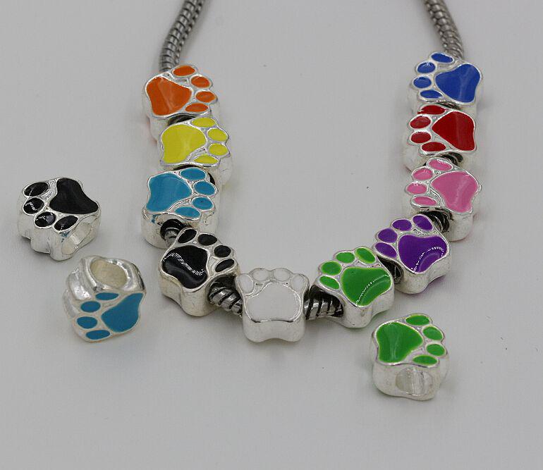 Hot ! 100pcs 10 - Colors Silver Plated Enamel Double-sided Paw Print Big Hole Loose Beads European Bead Fit Bracelets 10mm (z203)