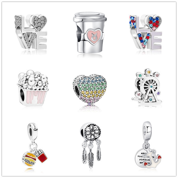 newest free shipping MOQ20pcs european silver ribbon love heart popcorn anchor Burger and fries diy bead Fit Pandora Charm Bracelet D0020