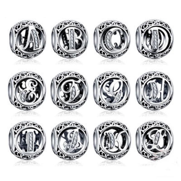 26 Initials A-Z Letters 925 Sterling Silver Beads Fit for Pandorx Bracelets Bangle Women Diy Fashion Jewelry Accessories with Rhinestones