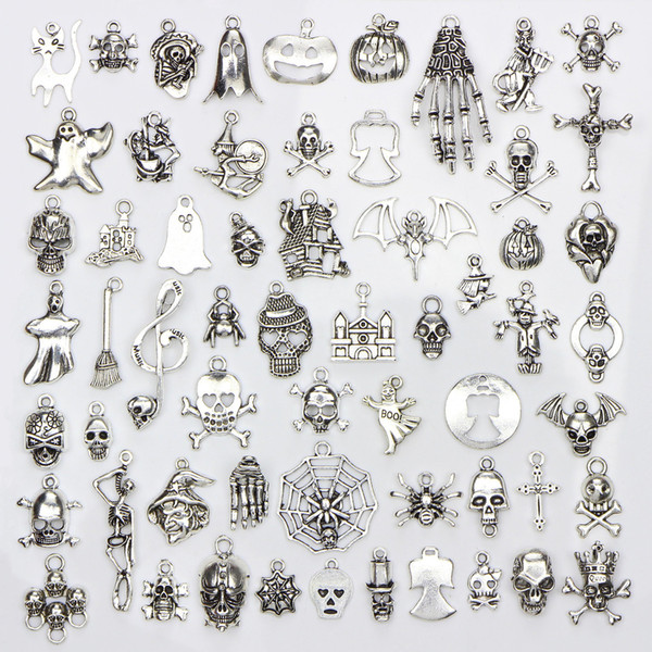 Assorted 60 Designs Halloween Charms Skull Skeleton Hand Spider Bat Ghost Witch Pendants Diy Jewelry Making 60pcs/bag