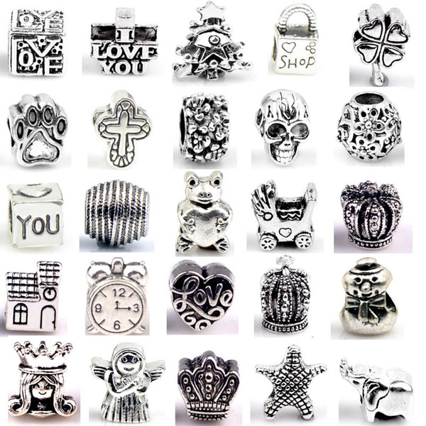 Silver Beads Charms for Bracelets 30 Designs DIY Jewlery Making European Big Hole Loose Beads Styles Bulk