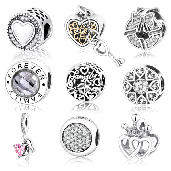 2PCS S925 Silver Plated Bead Charm Flower Bowknot Crystal Charm Pendant Beads Fit Original Pandora Charms Bracelet