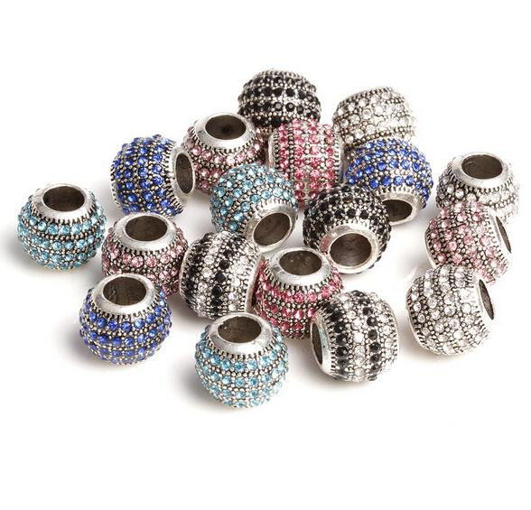 Vintage Silver Plated Alloy Sparkling Crystal Paved Charm Bead For Pandora Bracelet European Bead Assorted Color Classic