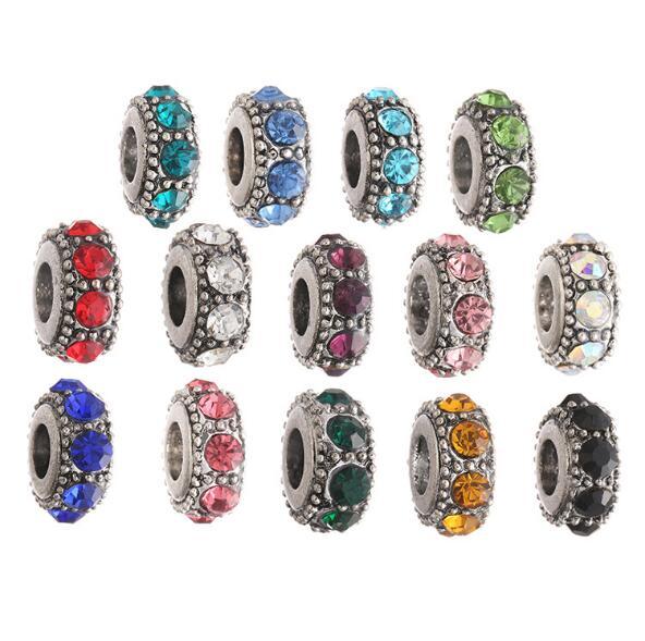 Wholesale Mixed Colors Rhinestone Crystal Tibetan Silver European Big Hole Spacer Beads For Charms Bracelet XZ36