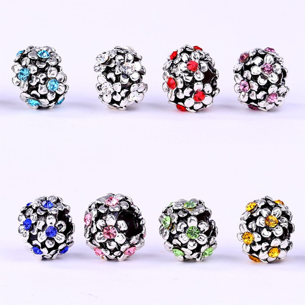 8 Pieces/set Zinc Alloy Flower Charms Beads Fit pandora Bracelets DIY Jewelry Making For Women With Rhinestone 8 Colors