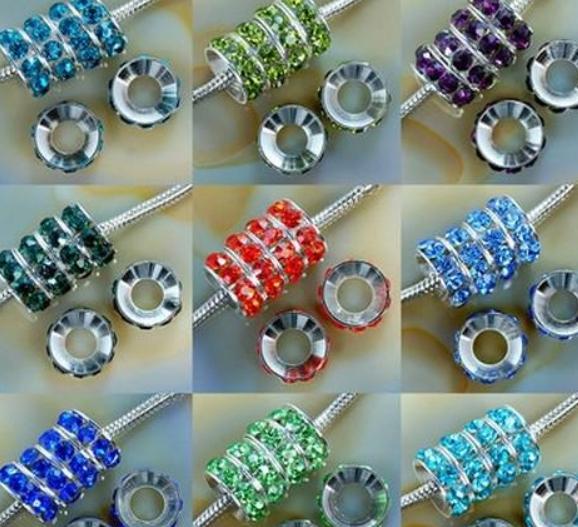 Cheap!Mixed Color Rhinestone Crystal Rondelle Spacer Beads,Rhodium Plated Big Hole European Bead for bracelet hotsale DIY Findings Jewelry