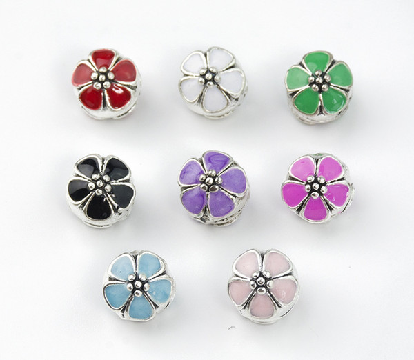 8 colors 2018 New DIY alloy Loose Beads for Bracelet Necklace Sakura flower with Drop Oil Alloy Large Hole Beads Diameter 5mm 100 pcs lot