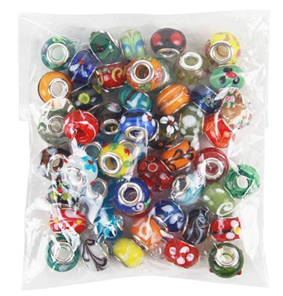 50 Piece glass beads Crystal mixed colors Lot Lampwork Murano Glass European Mix Beads- Compatible with Most Major Charm Bracelets acc060