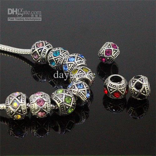 20pcs Mixed Colors Crystal Tibetan Silver Cylinder European Big Hole Beads To Make DIY Charms Bracelets Jewelry Findings 12X8mm