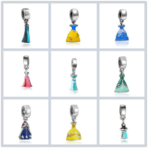 Princess Enamel Dress Pendant Silver Plated Girl Skirt Cinderella Alloy Charm Beads Dangle European DIY Jewelry Accessories