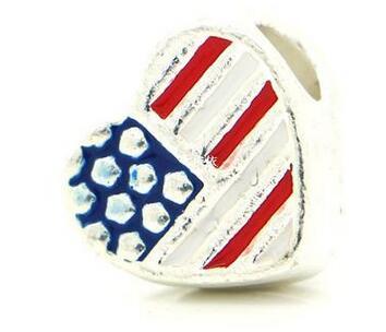 Free Shipping! European Charm Beads Heart Silver Tone American Flag Enamel 12x11mm,Hole:Approx 5mm,20PCs (B25773)