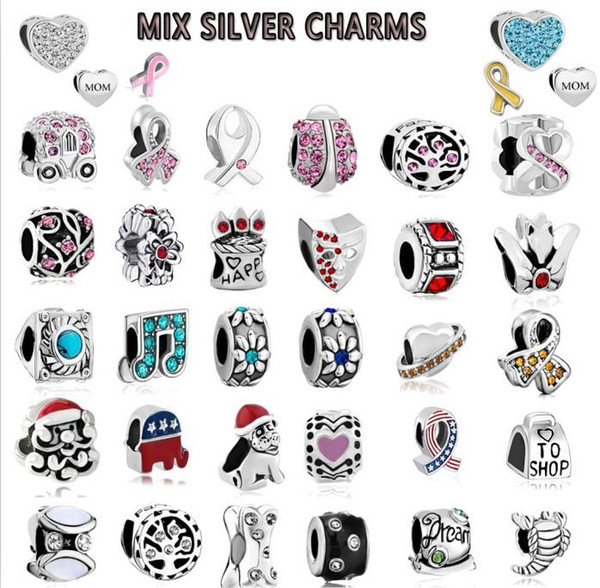 Mix Alloy Crystal Charm Bead silver plated Beads At Least 50 Different Style For Pandora Bracelet Necklace 500pcs/lot Free ship DHL