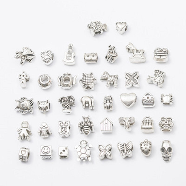 40PCS Mix 40Style Alloy Hole Beads Pendant Charms Fit Bracelet Necklace Loose Beads Jewelry DIY Accessories DHL FREE