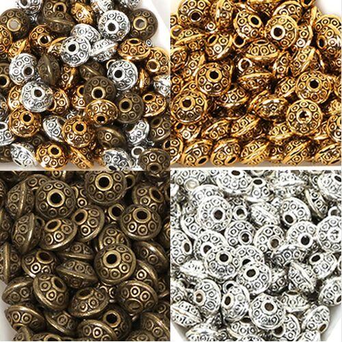 300PCs Dia. 6mm Tibetan Metal Beads Antique Gold Silver Oval UFO Shape Loose Spacer Beads for Jewelry Making DIY Bracelet Charms