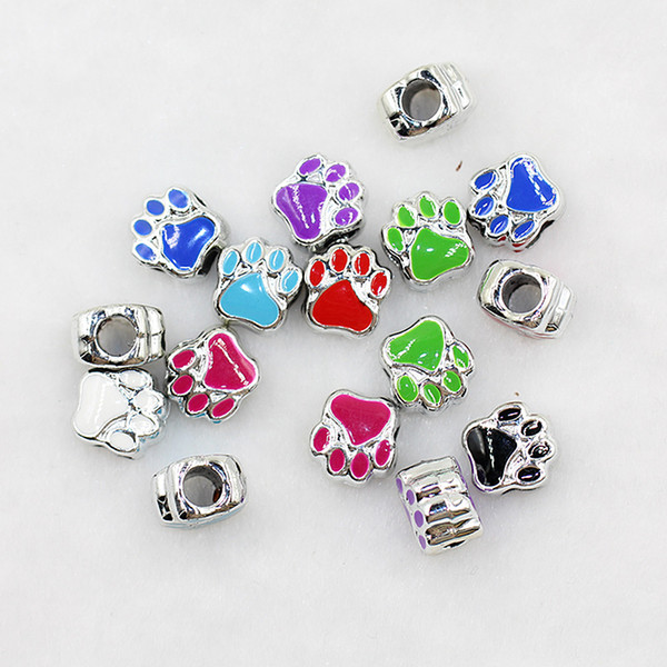 Hot Mic 8 Colors Silver Plated Enamel Bear Paw Print Big Hole Beads Fit European Bracelets