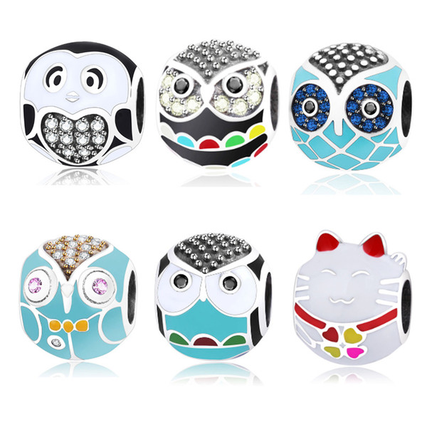 Big Hole Loose Penguin Owl Beads Cubic Zircon Bead for European Bracelets DIY Fine Crystal Zircon Jewelry Components 6 colors free shipping