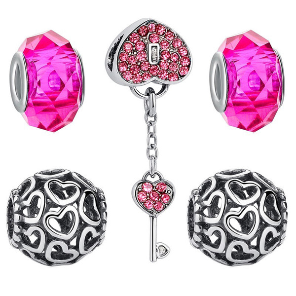 5Pieces/Set Heart Key Lock Pendant and Glass Beads Fit Pandora Bracelets Jewelry Making With Crystaly