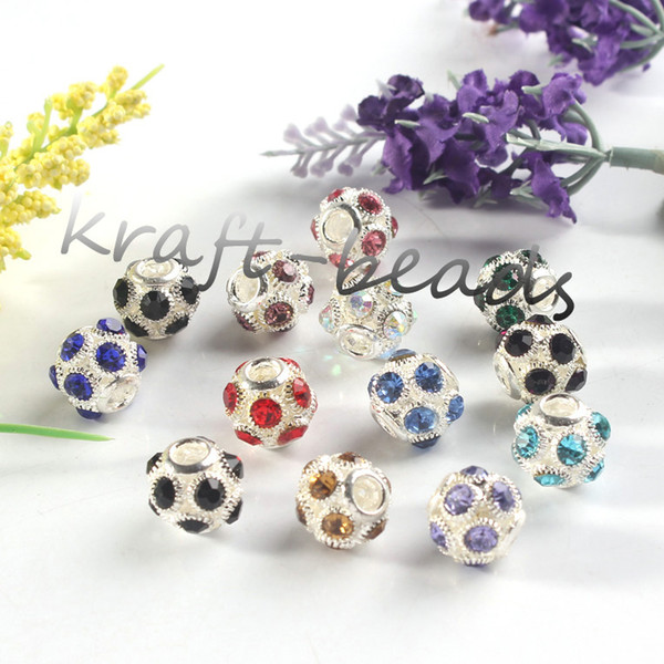 wholesale 30Pcs Charms Silver Plated Mixed Colorful Austrian Crystal Rhinestone Football European Beads Findings Jewelry(Random Color)