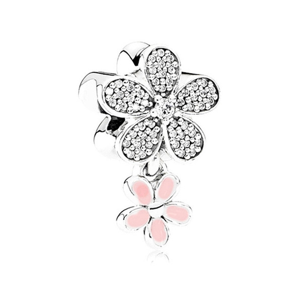 Silver Spring Light Pink Enamel Magnolia Flower Bloom Clip Charm Bead Hanging Bead Fit Original Charm Bracelet DIY Jewelry