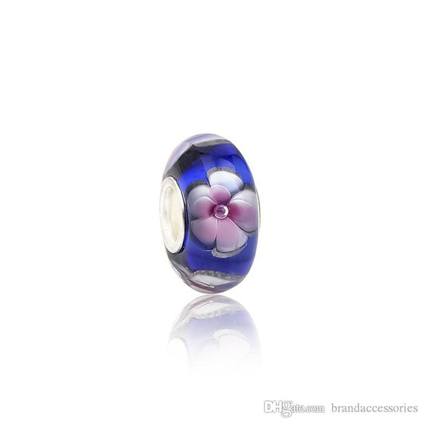 Glossy Pink Petals Blue Murano Glass Beads S925 Silver Core Thread Charms Fit Pandora Bracelets Necklace DIY Jewelry Girl PDZ104