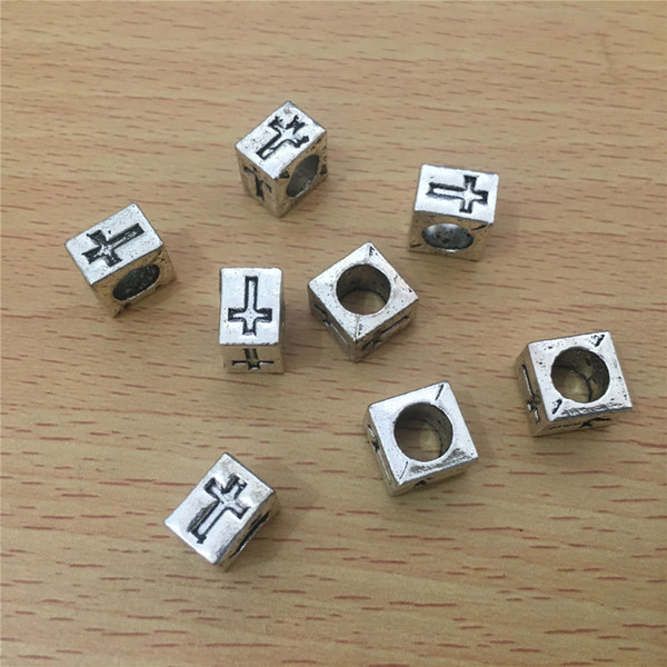 Jewelry Accessories Alloy Vintage Silver Cross Pattern Square Big Hole Beads Charms fit Bracelet 9*9*7mm 48PCS/lot