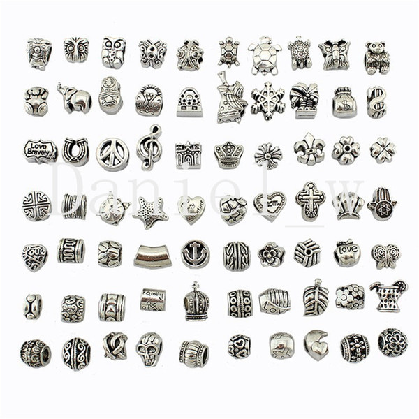 Mixed 70 Style Silver Plated Big Hole Loose Beads Charm European Bead Fit Pandora Bracelets DIY Flat European Jewelry Accessories Pendant