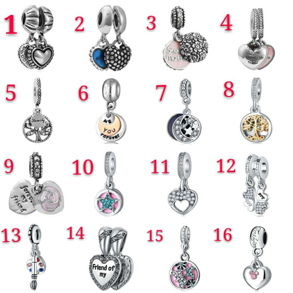 Fits Pandora Bracelets 50pcs Mixed Theme Dangle Charm Beads Pendant Silver Enamel Heart Crystal European charms Accessories DIY Jewelry