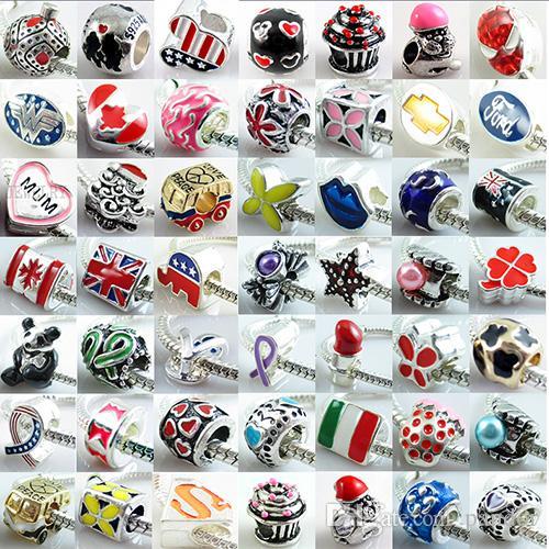 Mix Colors Matel Drop Oil Big Hole Loose Beads silver plated charm For DIY pandora Jewelry Bracelet For European Bracelets free shipping