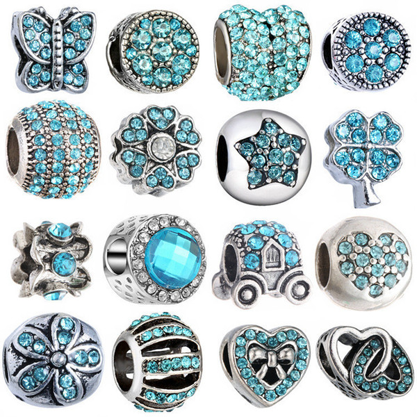 New 1pc silver DIY Jewelry beads spring light blue Magnolia flower clip or bead charms Fits European Pandora Charm Bracelets