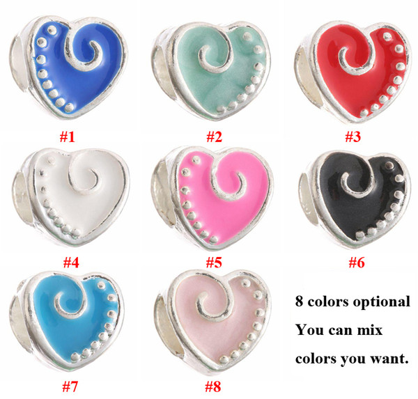 Silver Plated Loose Beads Alloy Drop Oil Charms Big Hole Charm For Bracelets DIY Heart shaped Beads For European Bracelets DY-09