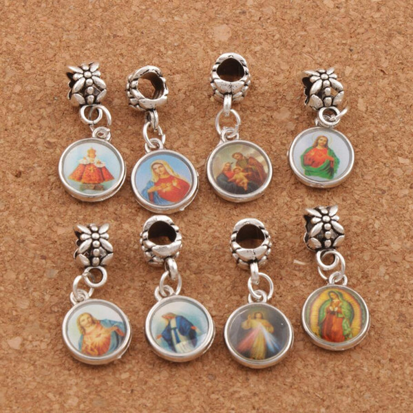 100pcs/lot Enamel Catholic Religious Church Medals Saints Charm Beads Antique Silver Fit European Bracelets B1706 26.4x11.45mm