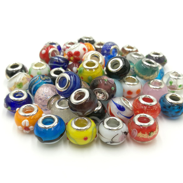 Murano Glass Beads Fit European Charm Large hole Spacer Beads 50pcs Mix Design for Bracelet Jewelry Making