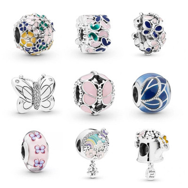 Butterfly Flower Loose Beads Fit Pandorx Charms for Bracelets Bangles Pendants Alloy Big Hole Beads 9Styles Diy Jewelry Accessories DHL