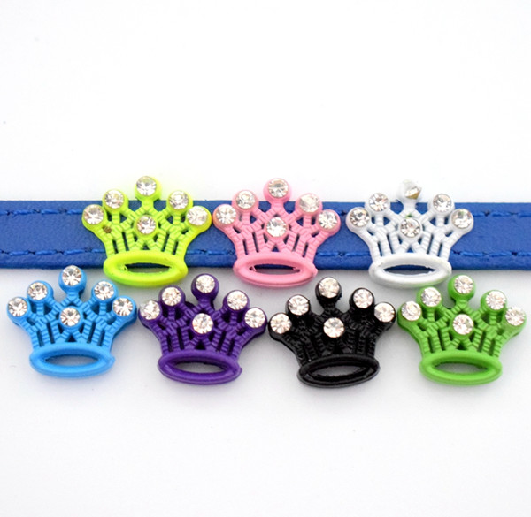 50PCS 8mm Color Paint Rhinestone Crown Slide Charms Slide Beads DIY 8mm Bracelets Wristbands,Belt Straps Pet Name Collar