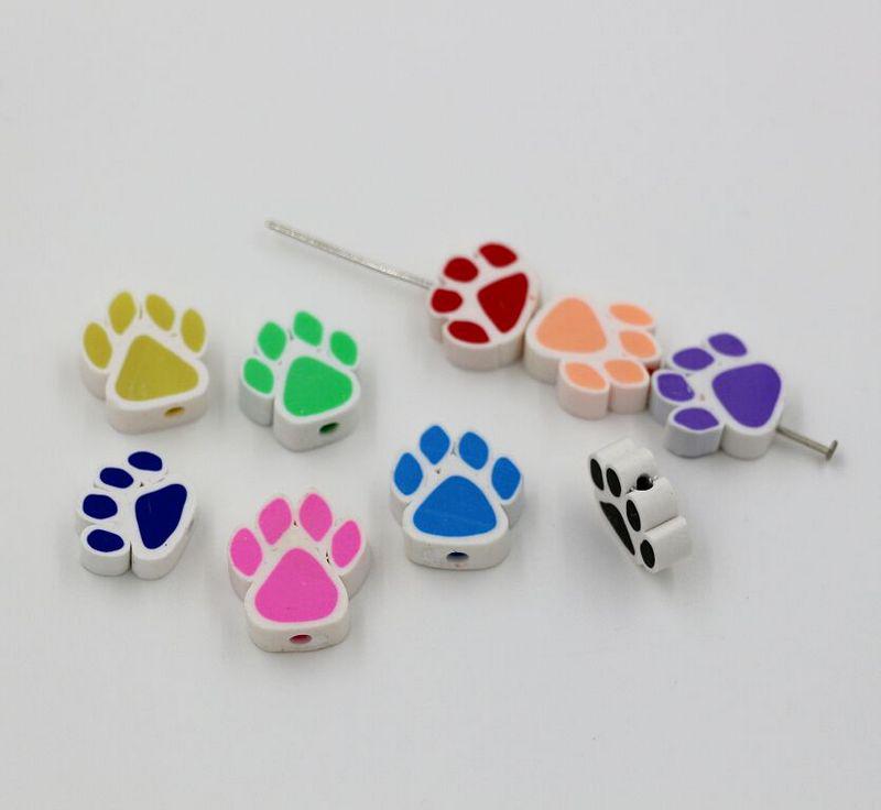 Hot Sale ! 100pcs Mix Color Polymer Fimo Clay Double-sided Paw Print Loose Beads 13x15mm (47)