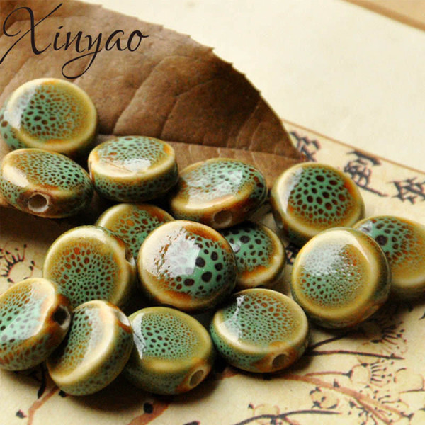 XINYAO 30pcs/lot 14mm Flower Glaze Flat Ceramic Beads DIY Handmade Loose Porcelain Charms Bead for Wome Bracelets Jewelry Making