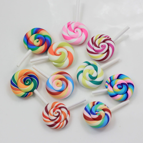 High Quality Beauty 10 Colors Kawaii Spiral Rainbow Lollipop Candy Polymer Clay Cabochons Flatback For DIY Phone Decoration