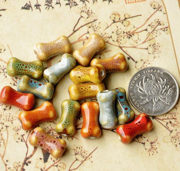 50 pcs 18mm*10mm , hole size about 1.5mm Bone Shape Porcelain Beads,mixed color round flat shape,ceramic DIY loose beads jewelry finding