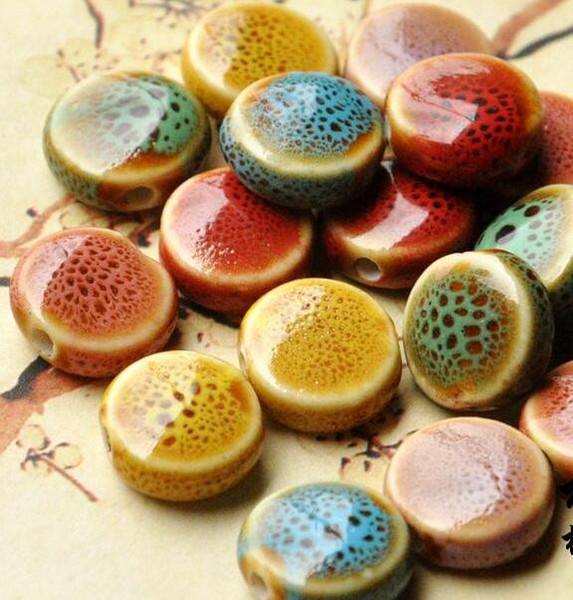 50 pcs 14mm , hole size about 2mm Porcelain Beads,mixed color round flat shape,ceramic DIY loose beads jewelry finding