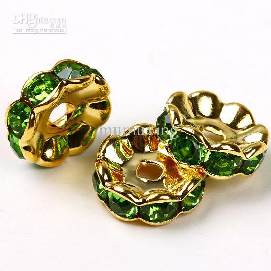 10MM Peridot Crystal Rhinestone Rondelle Spacer Beads, Metal Gold Plated Jewelry Findings 100PCS