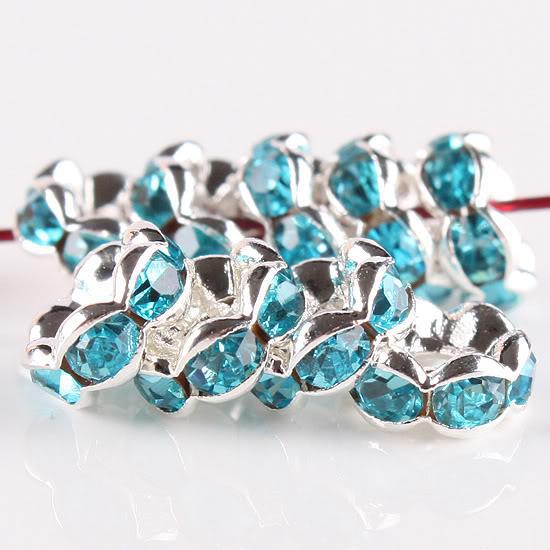 10MM Sky Blue Crystal Rhinestone Wavy Rondelle Spacer Beads, Silver Plated Jewelry Findings 100PCS