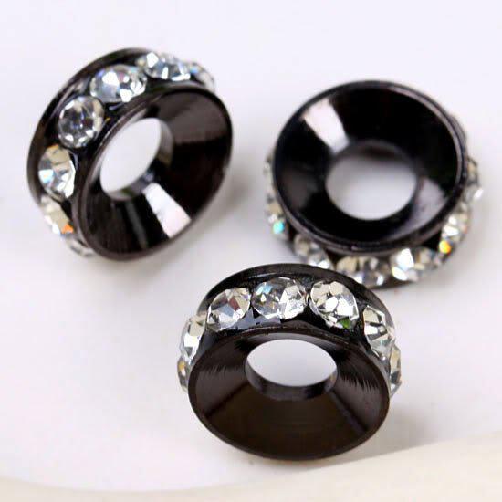 10MM Gun Metal Black Plated, 4.5MM Big Hole Beads, Clear Color Rhinestone Rondelle Spacers Findings