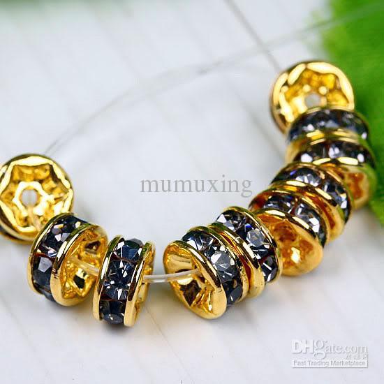 6MM Black Diamond Rhinestone Rondelle Spacer Beads Findings, Gold Plated, Top-quality, 100PCS