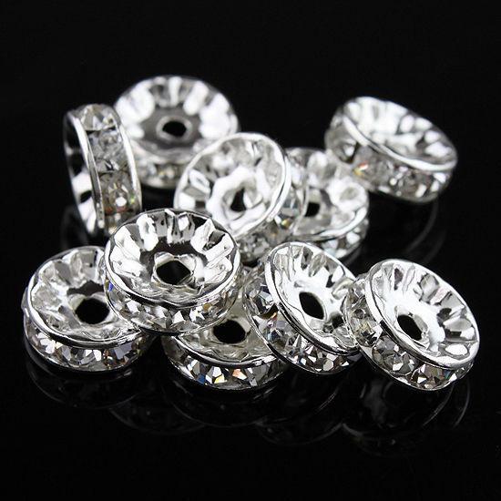 10MM / 12MM Clear Crystal Rhinestone Rondelle Spacer Beads, Silver Plated Jewelry Findings 100PCS