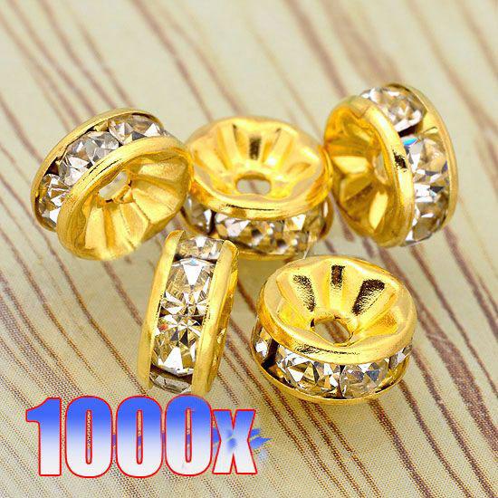 6MM Wheel-Shaped Gold Plated, Shiny Clear Crystal Rhinestone Rondelle Spacer Beads Findings-1000PCS