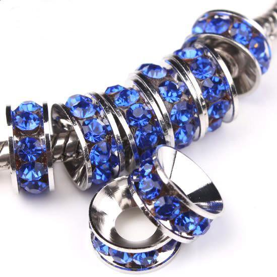 10MM Sapphire Rhinestone Beads, Big Hole Spacers, Copper Rhodium Plated, Fit DIY Bracelets Fittings