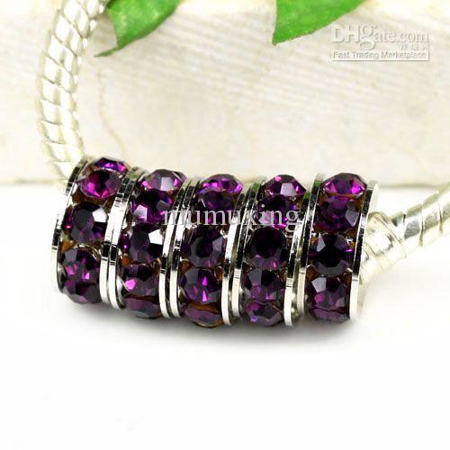 10MM Rhodium Plated, Amethyst Crystal Rhinestone Spacers, Fit For DIY Charming Bracelets / Chains